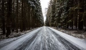 Preview wallpaper road, forest, snow, pines, trees, winter