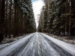 Preview wallpaper road, forest, snow, pines, trees, winter