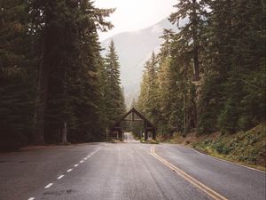 Preview wallpaper road, forest, trees, building, nature