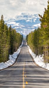 Preview wallpaper road, forest, trees, snow, mountains, landscape