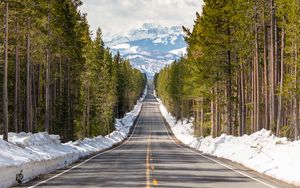 Preview wallpaper road, forest, trees, snow, mountains, landscape