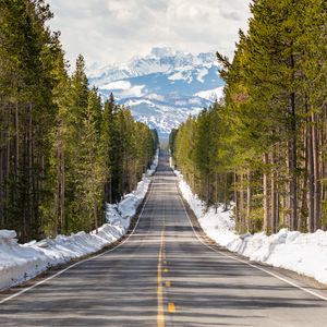 Preview wallpaper road, forest, trees, snow, mountains, landscape