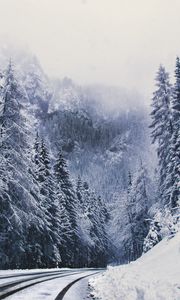 Preview wallpaper road, forest, turn, mountains, snowy, winter, trees