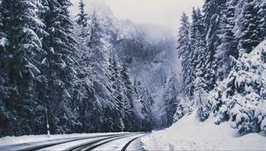 Preview wallpaper road, forest, turn, mountains, snowy, winter, trees