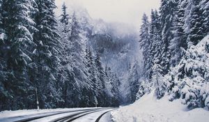 Preview wallpaper road, forest, turn, mountains, snowy, winter, trees