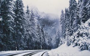 Preview wallpaper road, forest, turn, mountains, snowy, winter, trees