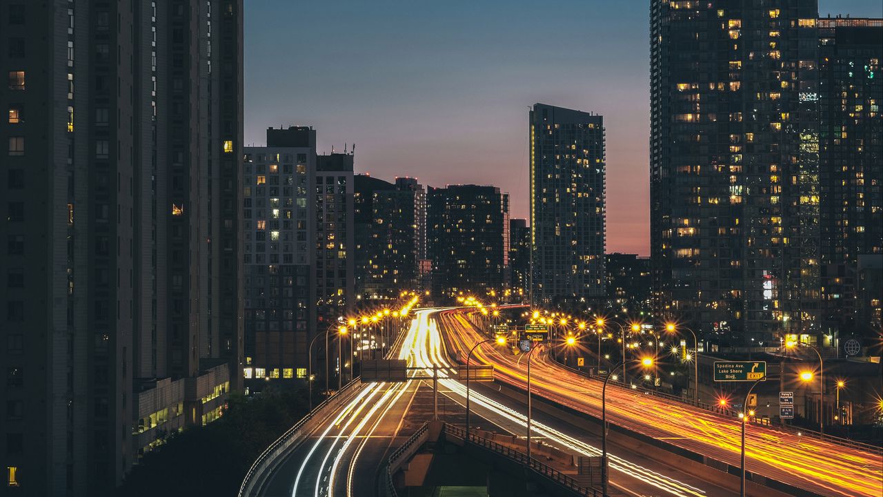 Wallpaper road, freezelight, buildings, lights, night