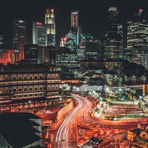 Preview wallpaper road, freezelight, buildings, lights, city, night