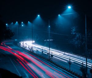 Preview wallpaper road, freezelight, lights, glow, night