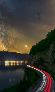 Preview wallpaper road, freezelight, night, stars, lake