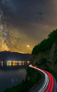 Preview wallpaper road, freezelight, night, stars, lake