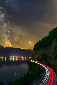 Preview wallpaper road, freezelight, night, stars, lake