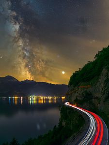 Preview wallpaper road, freezelight, night, stars, lake