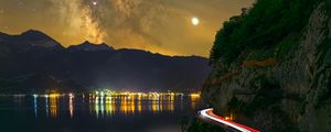 Preview wallpaper road, freezelight, night, stars, lake