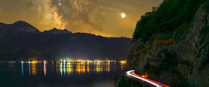 Preview wallpaper road, freezelight, night, stars, lake