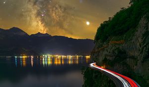 Preview wallpaper road, freezelight, night, stars, lake