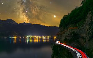 Preview wallpaper road, freezelight, night, stars, lake