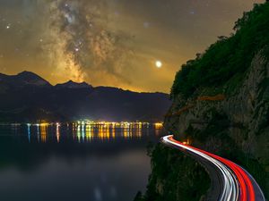 Preview wallpaper road, freezelight, night, stars, lake