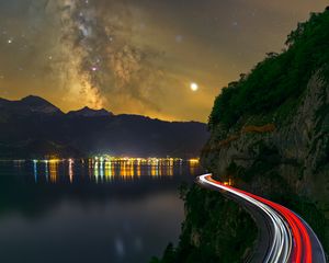 Preview wallpaper road, freezelight, night, stars, lake