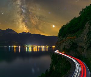 Preview wallpaper road, freezelight, night, stars, lake