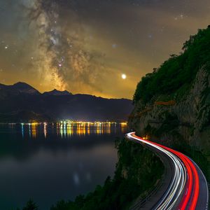 Preview wallpaper road, freezelight, night, stars, lake