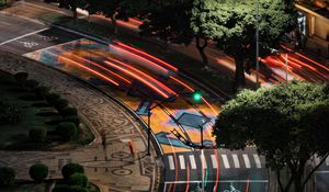 Preview wallpaper road, freezelight, trees, buildings