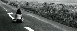 Preview wallpaper road, girl, pose, asphalt, field, bw