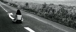 Preview wallpaper road, girl, pose, asphalt, field, bw