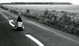 Preview wallpaper road, girl, pose, asphalt, field, bw