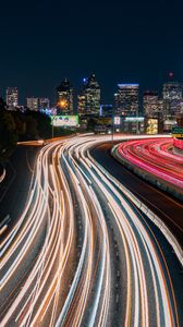 Preview wallpaper road, glow, buildings, long exposure, city, night