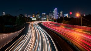 Preview wallpaper road, glow, buildings, long exposure, city, night