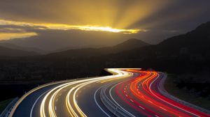 Preview wallpaper road, glow, turn, night, mountains