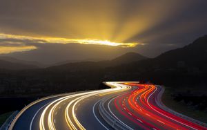 Preview wallpaper road, glow, turn, night, mountains