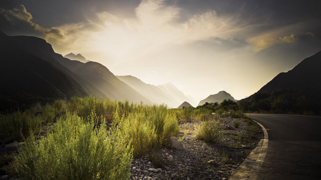 Wallpaper road, grass, counting, dawn, mountains