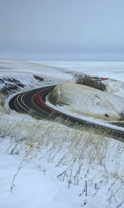 Preview wallpaper road, grass, dry, snow, winter, long exposure