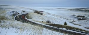 Preview wallpaper road, grass, dry, snow, winter, long exposure