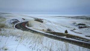 Preview wallpaper road, grass, dry, snow, winter, long exposure