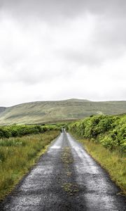 Preview wallpaper road, grass, trees, mountain, sky, nature