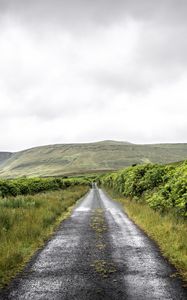 Preview wallpaper road, grass, trees, mountain, sky, nature