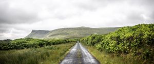 Preview wallpaper road, grass, trees, mountain, sky, nature