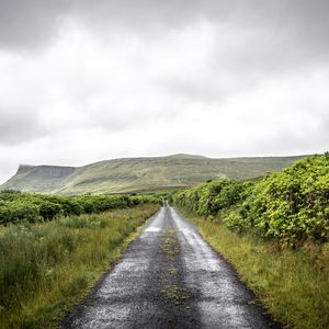 Preview wallpaper road, grass, trees, mountain, sky, nature