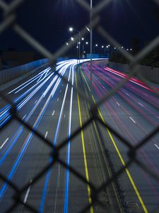 Preview wallpaper road, grid, lights, long exposure, night