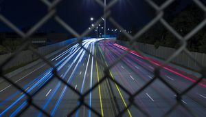 Preview wallpaper road, grid, lights, long exposure, night
