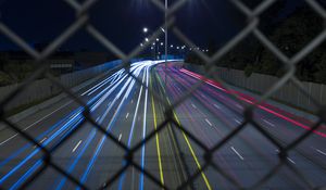 Preview wallpaper road, grid, lights, long exposure, night