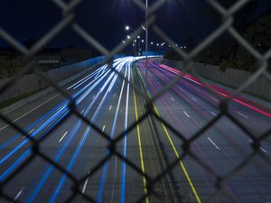 Preview wallpaper road, grid, lights, long exposure, night