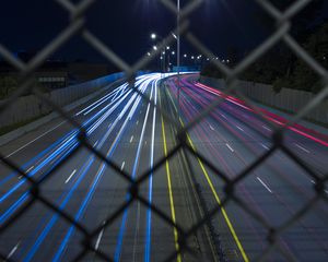Preview wallpaper road, grid, lights, long exposure, night