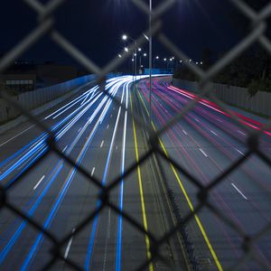 Preview wallpaper road, grid, lights, long exposure, night
