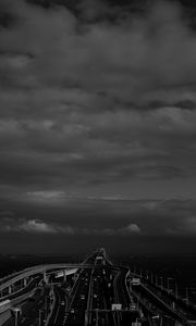 Preview wallpaper road, highway, bw, sky, clouds, dark