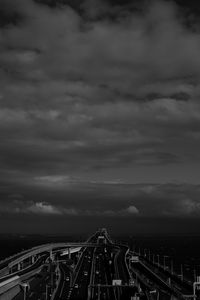 Preview wallpaper road, highway, bw, sky, clouds, dark