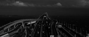 Preview wallpaper road, highway, bw, sky, clouds, dark